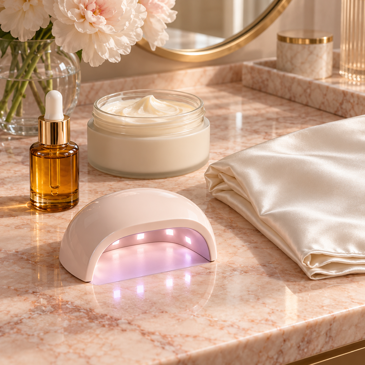 Illustrative vanity with serum, hair mask, manicure lamp, and silk pillowcase