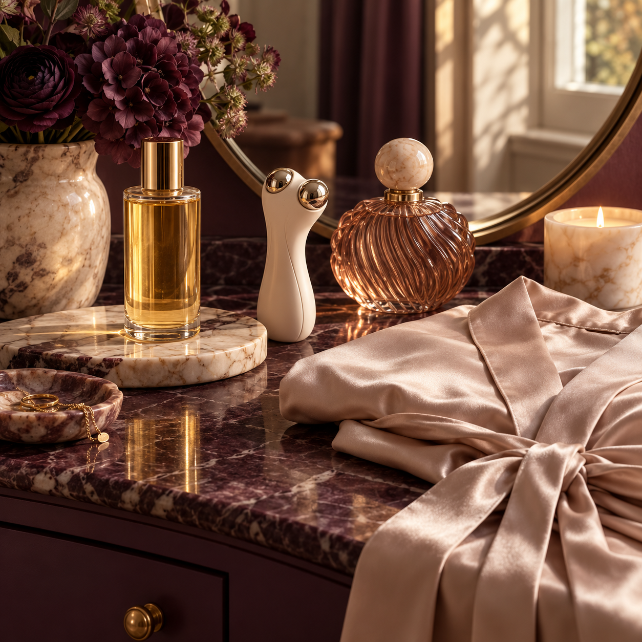 Illustrative vanity with body oil, beauty device, perfume, robe, and candle
