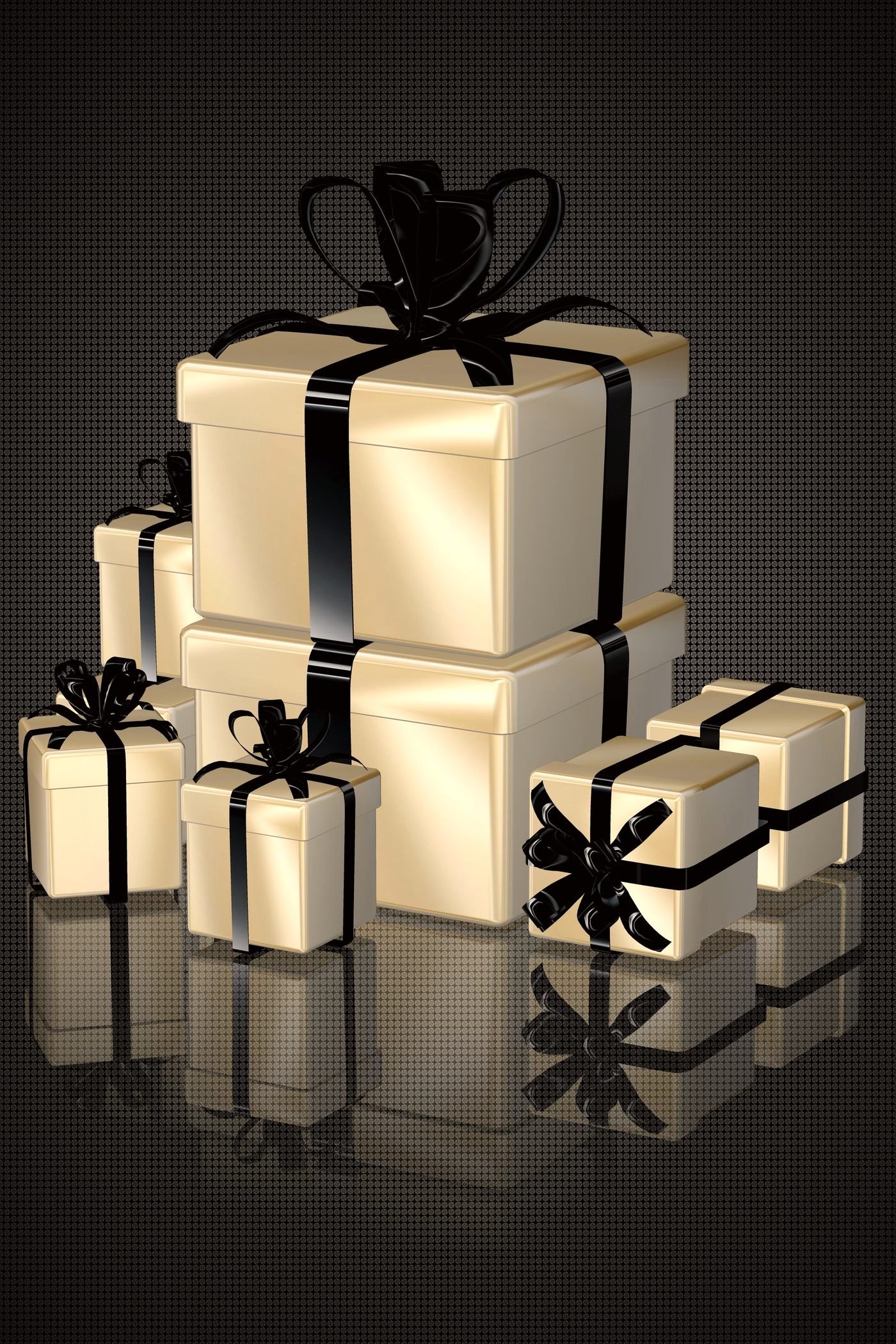 Cream gift boxes tied with black bows against a dark background