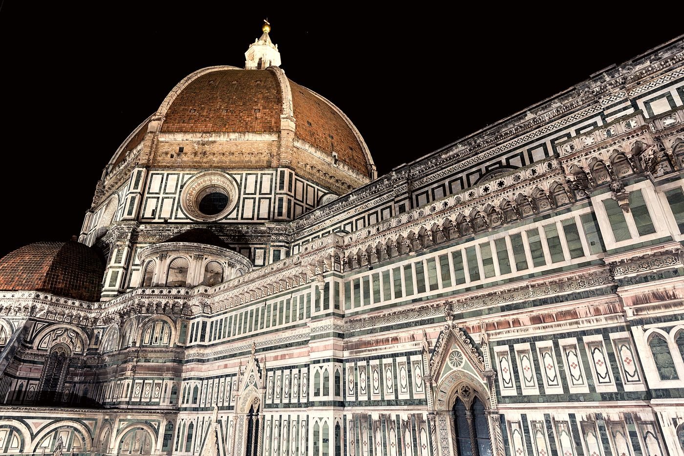 The illuminated dome of Florence Cathedral at night