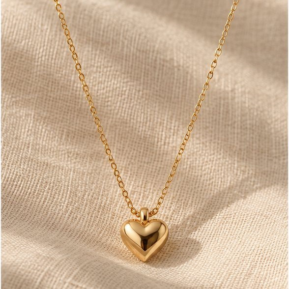Illustration of a gold heart pendant necklace on linen