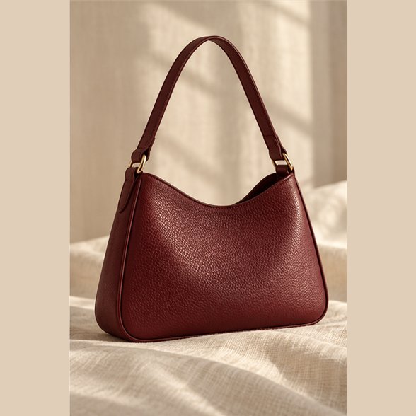 Illustration of a burgundy shoulder bag on linen