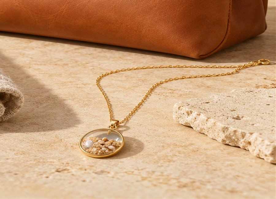 Illustrative sand-filled pendant necklace for the Dune Jewelry maker listing